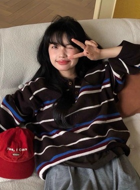 韩式撞色条纹polo衫2025秋冬新款宽松慵懒风软糯毛衣上衣翻领卫衣