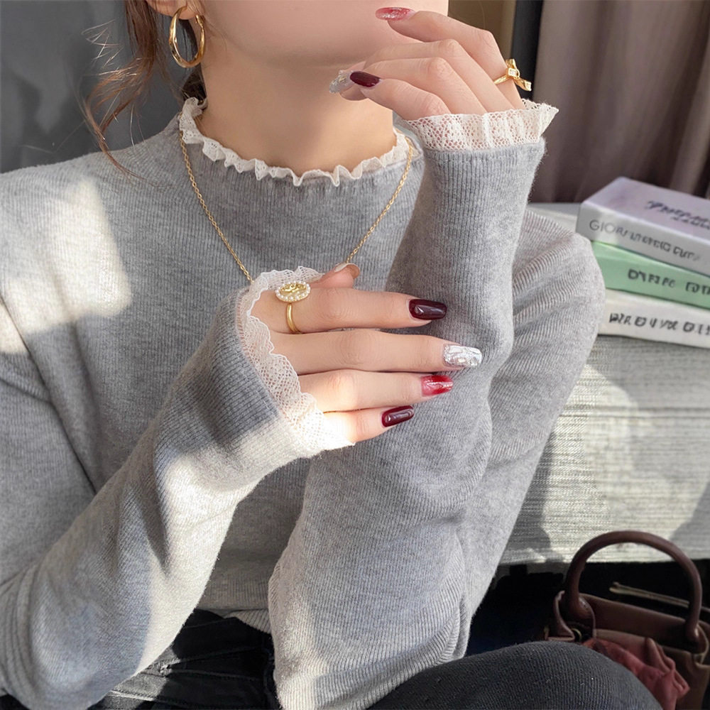 灰色蕾丝边打底衫女早秋