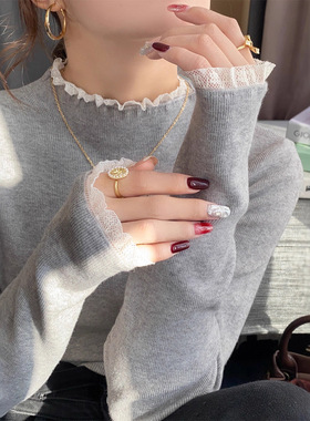 灰色蕾丝边打底衫女早秋季内搭2025新款高级感黑色上衣半高领毛衣