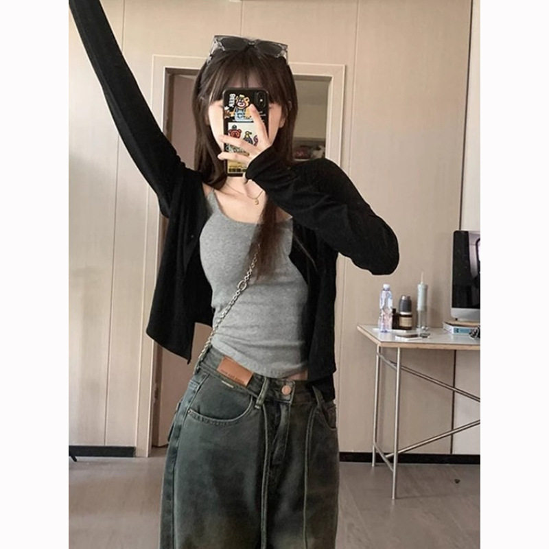 黑色薄款长袖针织开衫女