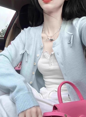 蓝色温柔小香风蝴蝶结针织开衫女秋奶fufu软糯毛衣外套短款上衣