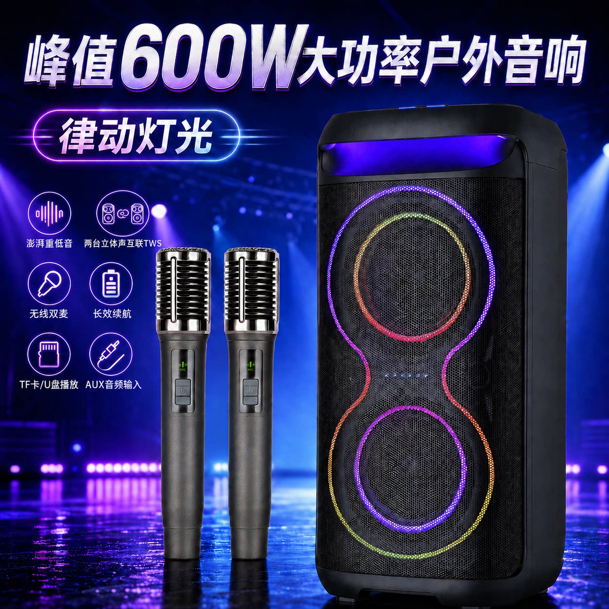 可米Kemi60W均值/600W峰值户外广场舞蓝牙大功率音响双无线话筒