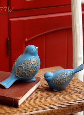 复古中式风蓝g色陶瓷花纹对鸟摆件花园庭院别墅桌面装饰礼品