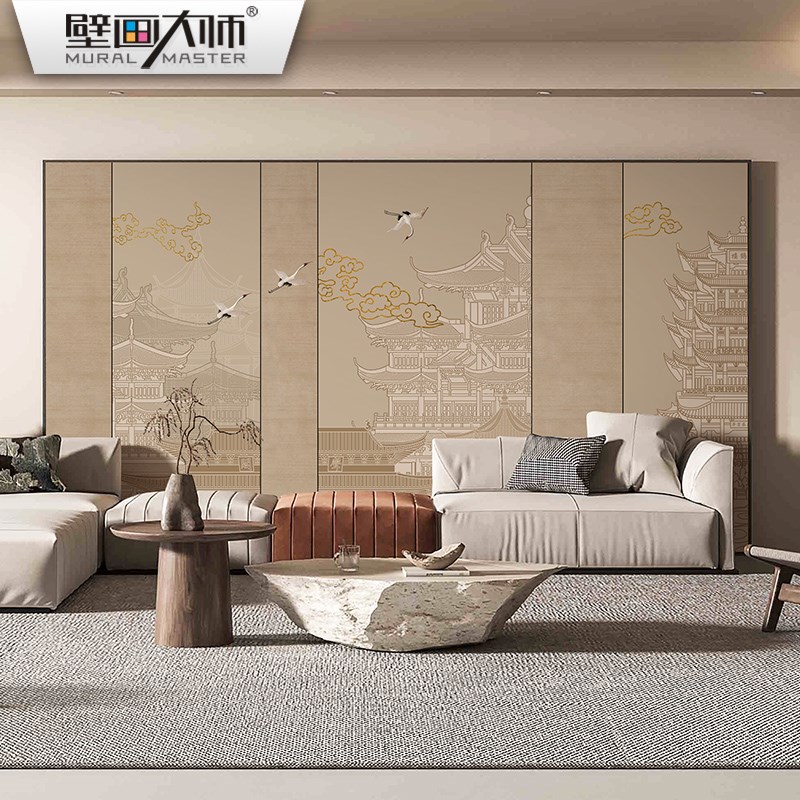 3D浮雕楼阁壁纸l新中式墙纸国风客厅壁布酒店硬包墙布仙鹤壁画