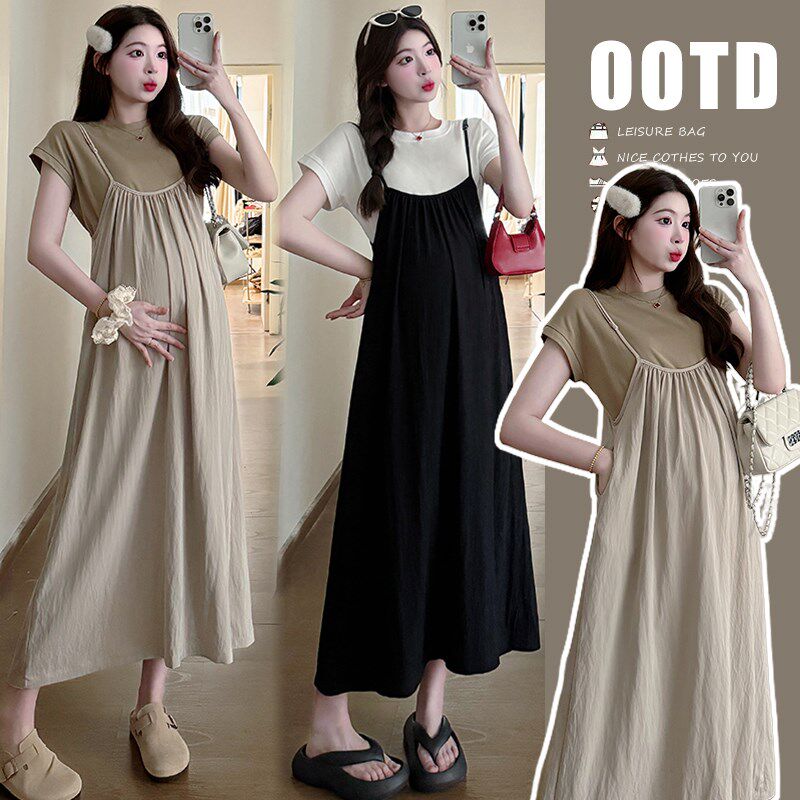 孕妇夏装2025宽松大码纯棉上衣洋气时髦吊带连衣裙两件套夏季套装