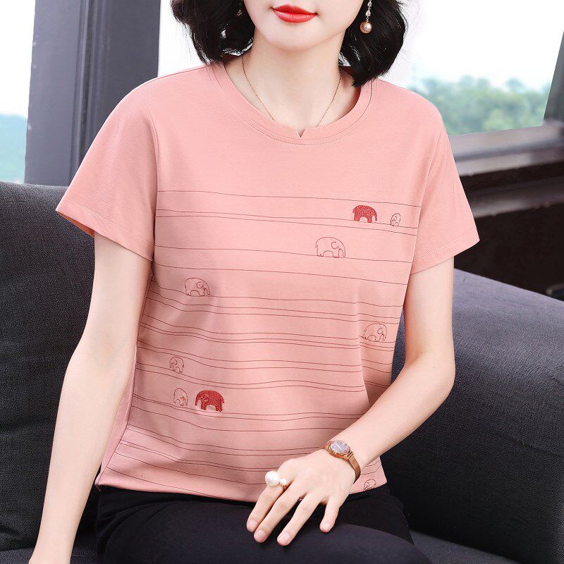 妈妈夏装短袖t恤女 宽松2025新款百搭条纹小衫中老年半袖纯棉上衣