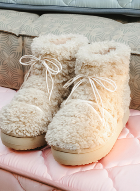 Rockfish Weatherwear短款卷毛靴蓬松毛绒双排细缎带厚底舒适保暖