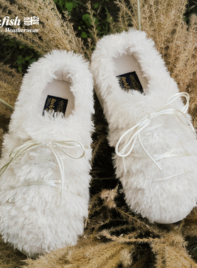 Rockfishweatherwear蓬松卷毛穆勒鞋双排细缎带厚底舒适保暖时髦