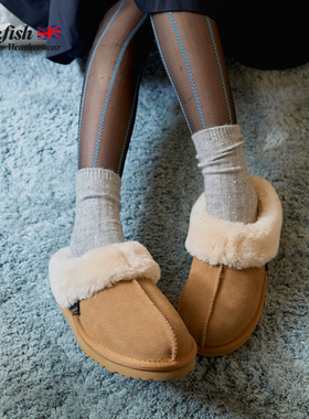 RockfishWeatherwear2025秋冬新款保暖平底穆勒鞋懒人毛毛半拖
