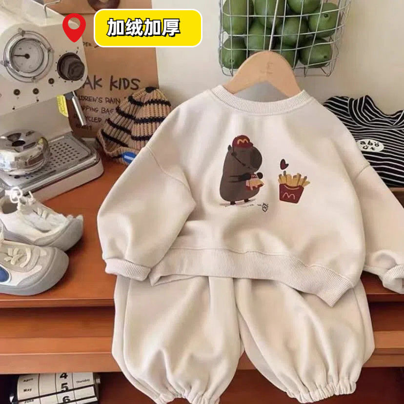 儿童冬季加厚加绒卫衣套装宽松小童男童女童宝宝洋气休闲保暖时尚