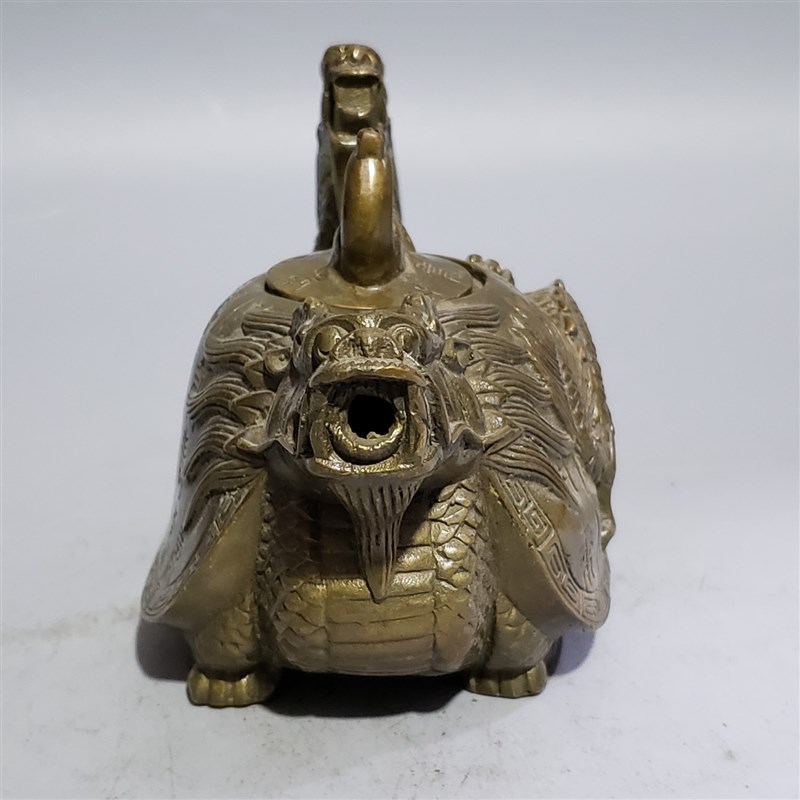 仿古龙龟壶古玩工艺品铜器铜长寿龙龟铜壶摆件龙头壶家居办公摆件