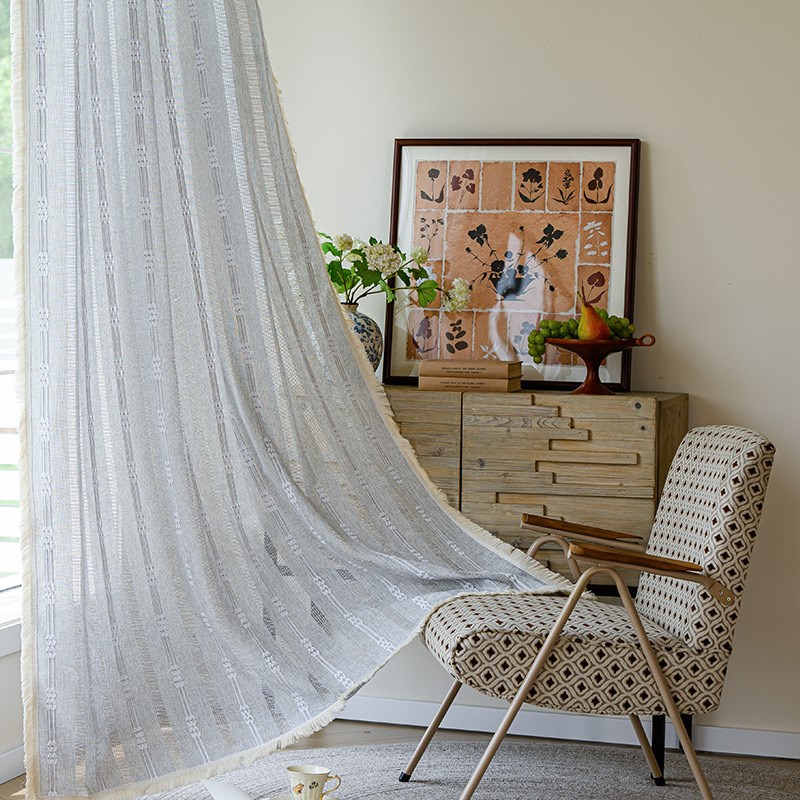 飞阳日式棉麻素色窗帘简约现代刺绣条纹厨房卧室小短帘半遮光窗幔