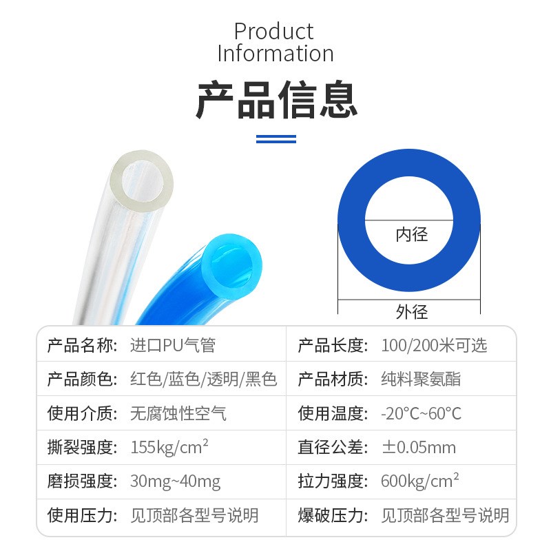 PU气管8*5气泵软管高压软管空压机透明气动软管8MM/10M M/英制1/4