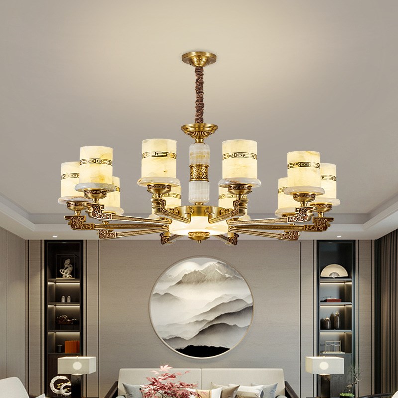全铜云石欧式复古客厅吊灯高端创意新中式餐厅复式楼别墅大吊灯