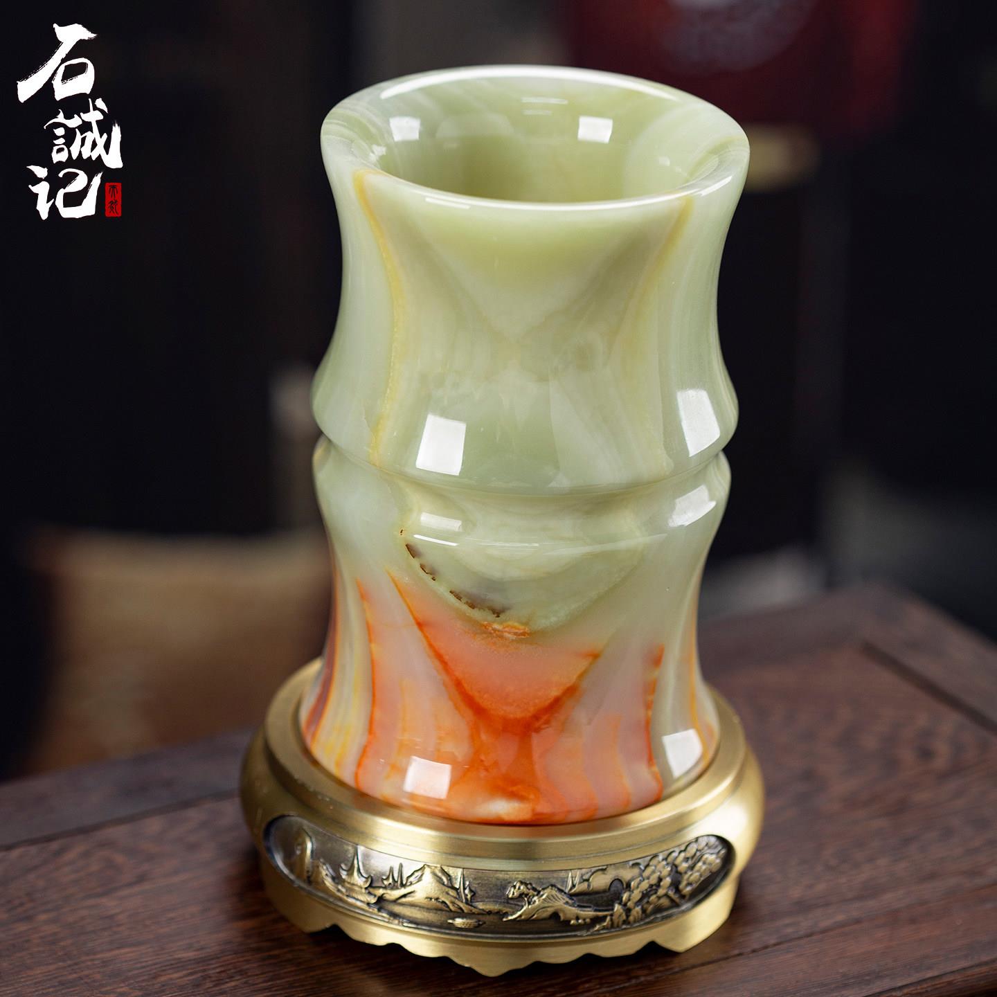 石诚记天然玉石大号毛笔笔筒摆件复古装饰礼品中国风创意个性刻字