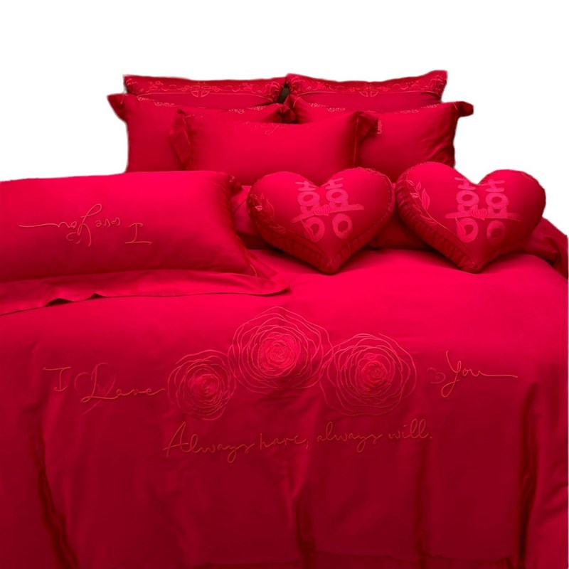 红色婚庆四件套长绒棉被套结婚床上用品简约新婚喜被刺绣备婚好物