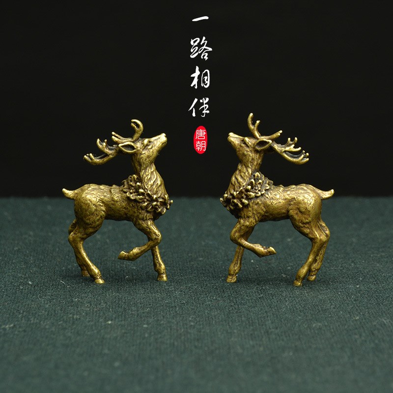古玩古董小铜器摆件一路(鹿)相伴对鹿梅花鹿摆件纯铜收藏