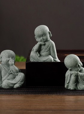 中式禅意小和尚书房摆件茶室桌z面装饰品创意鱼缸造景假山盆景摆