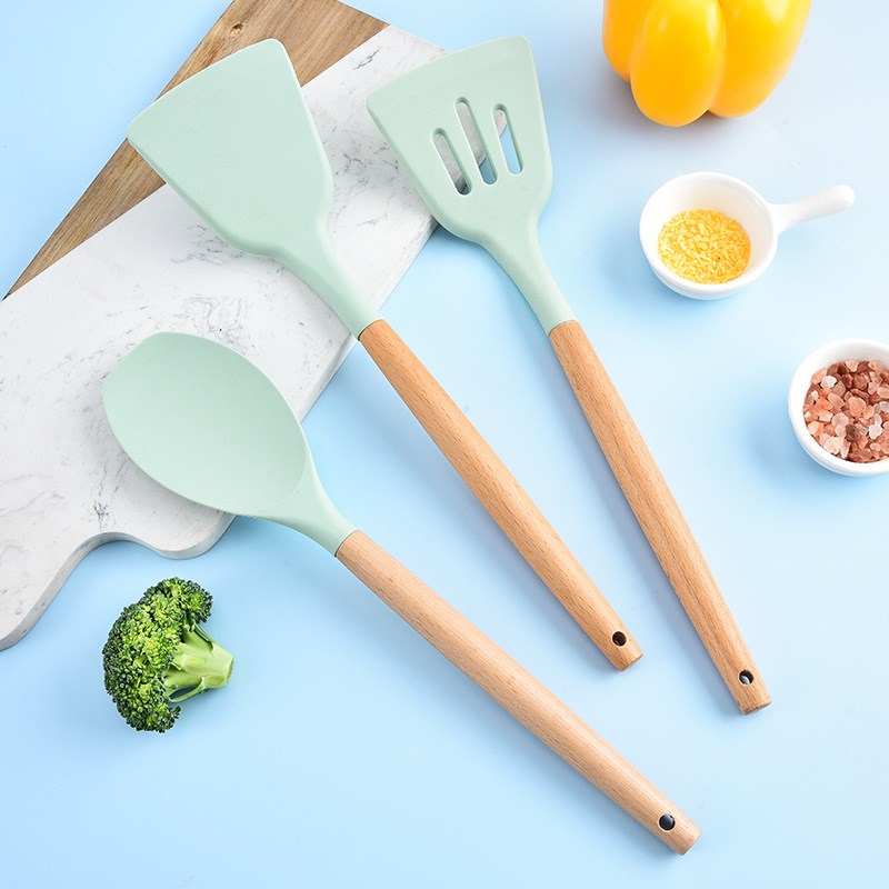 木柄硅胶厨具12件套装不粘烹饪炒菜锅铲汤勺煎铲厨房铲勺套装