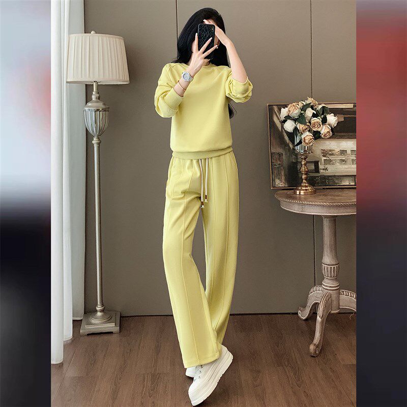 欧货时尚休闲套装女秋冬新款洋气减龄黄色卫衣阔腿裤运动两件套潮