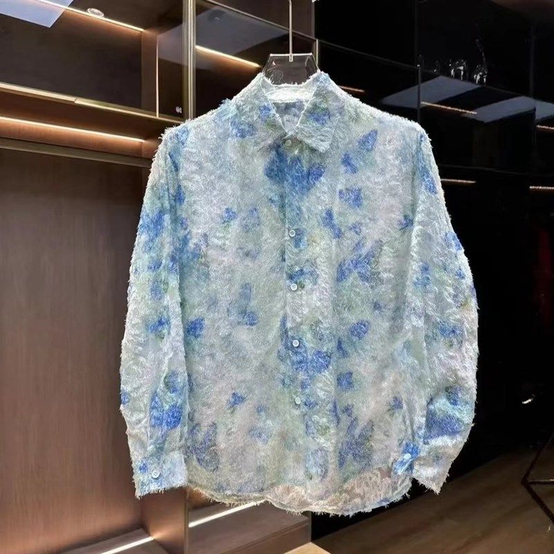 春夏季新款国风小众设计感男款碎花衬衫休闲宽R松长袖立体花卉衬