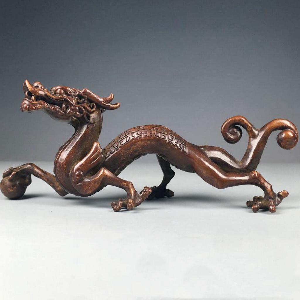 古玩铜器青龙摆件实心龙镇纸压尺笔架笔搁茶台茶宠文房用品收藏