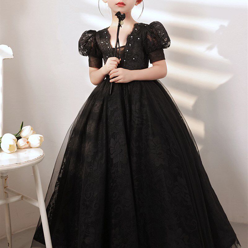 女童高端大码黑色礼服公主裙婚纱蓬蓬纱花童生日主持人钢琴演出服