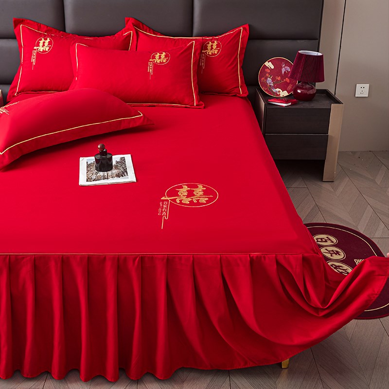 结婚床裙单件大红色m床罩床单带裙边新款遮丑新婚婚庆喜庆陪嫁床