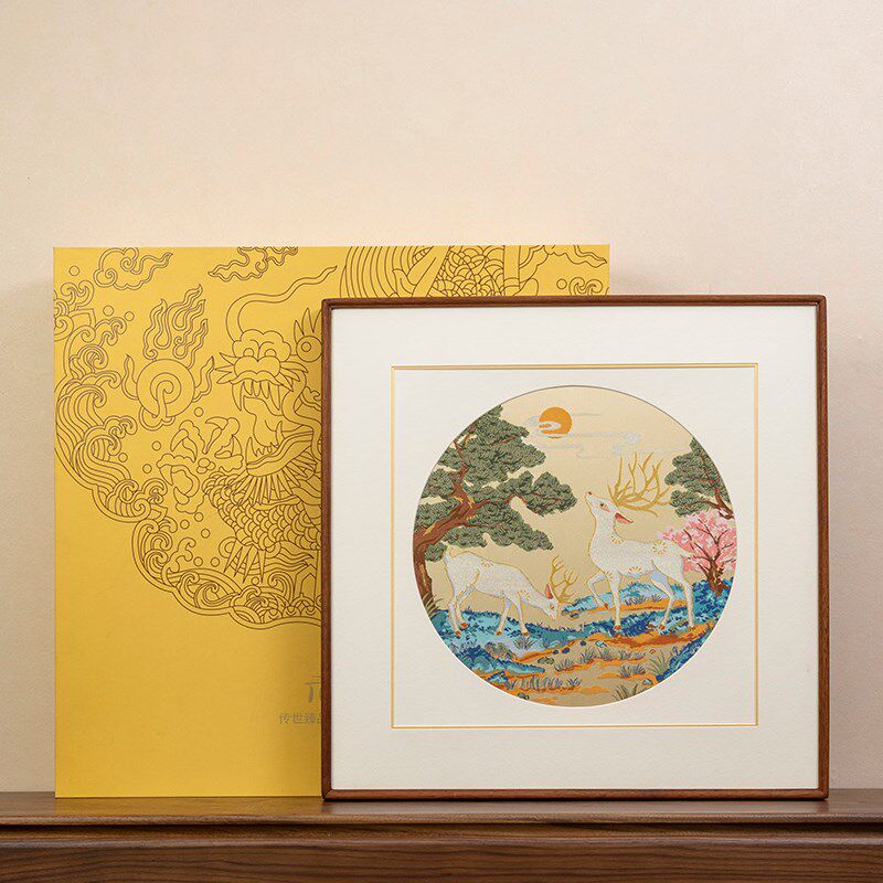 南京云锦松鹿献瑞手工非遗中国风特色大幅装饰画刺绣客.厅卧室挂