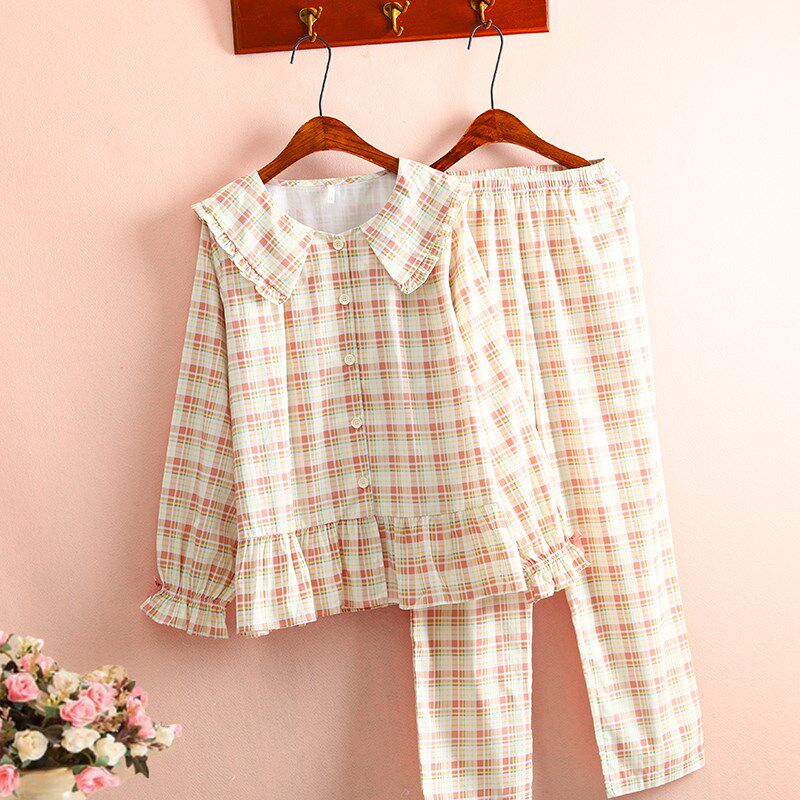超甜日系公主风100%全棉斜纹布睡衣女春夏薄款长袖纯棉布家居服套