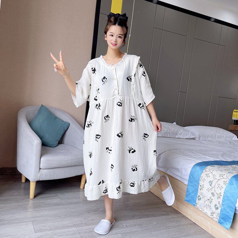 夏季大码孕妇睡裙200斤薄款短袖月子服双层棉纱布哺乳睡衣家居服