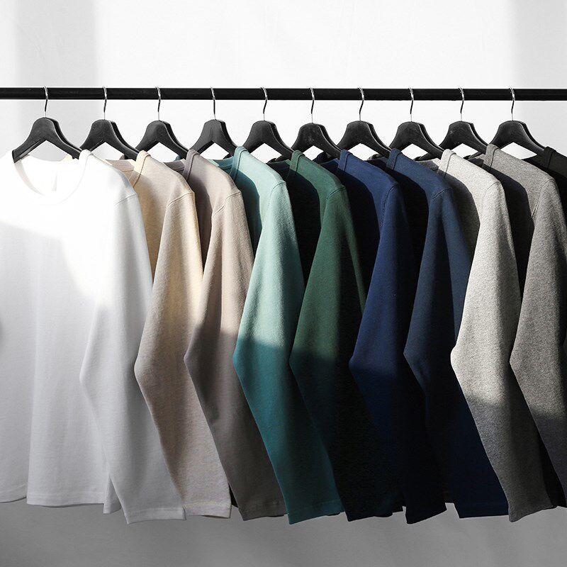 碳素磨毛 300g重磅黑色圆v领长袖t恤纯棉软糯厚实不透打底衫男女