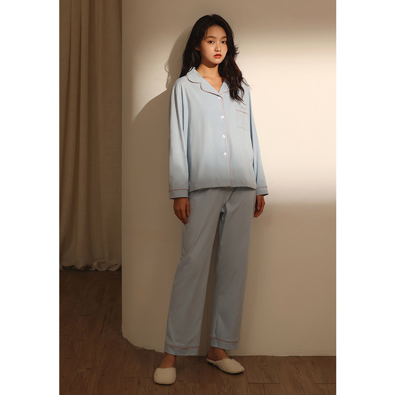 2025年新款睡衣女春秋款纯棉长袖浅蓝色开衫翻领高级感家居服套装