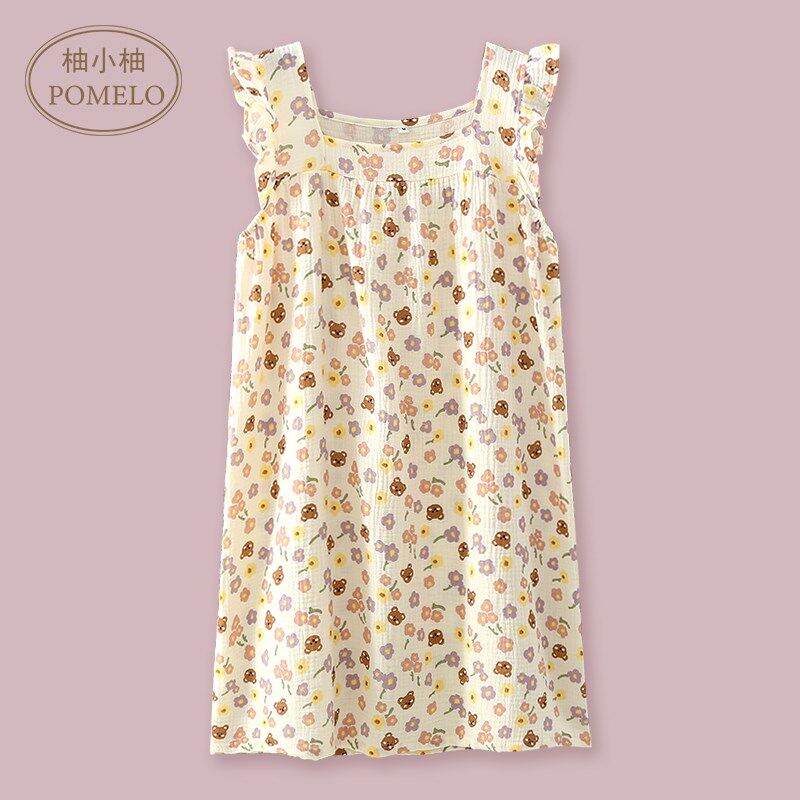 夏季薄款纯棉泡泡棉纱布吊带背心裙可爱套头宽松睡衣全棉家居睡裙