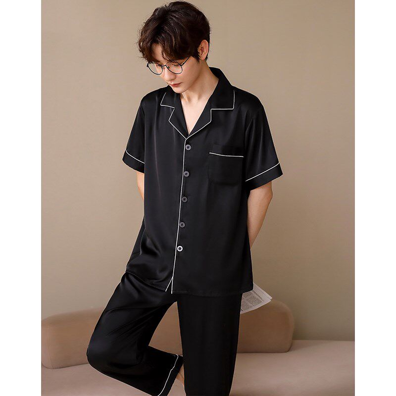【凉感型】男士睡衣夏季薄款短袖长裤冰丝空调家居服黑色丝绸套装