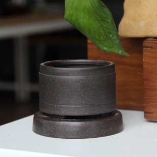 暖暖花器独家精品紫砂古铜泥微型小花盆带底托两件套圆口盆菖蒲盆