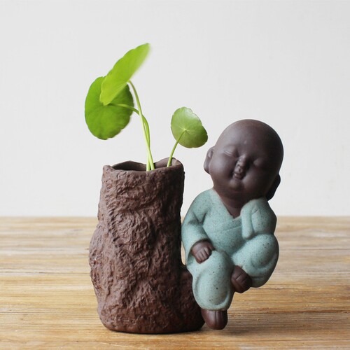 中式小和尚水培花器茶室茶桌茶宠禅意小花瓶可养铜钱草绿植摆件