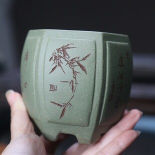紫砂花盆刻绘小盆手工盆景盆绿泥降坡泥苏兵名家盆六方形宫灯盆