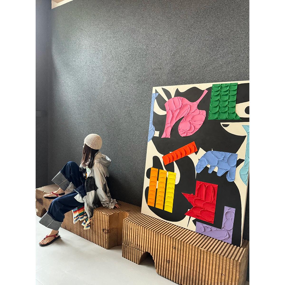 纯手绘抽象立体色块装饰画现代趣味多巴胺儿童房客厅壁画玄关壁画