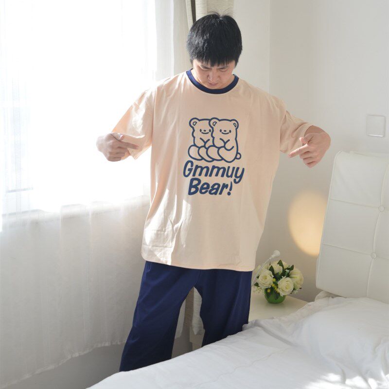 双线熊短袖长裤睡衣男加肥大码夏季针织纯棉卡通休闲家居服200斤