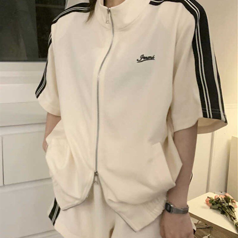 时尚运动服套装女夏季学生韩版宽松双拉链短袖外套短裤休闲两件套