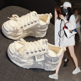 真皮内增高老爹鞋女秋季2023新款爆款鞋子厚底松糕休闲运动小白鞋