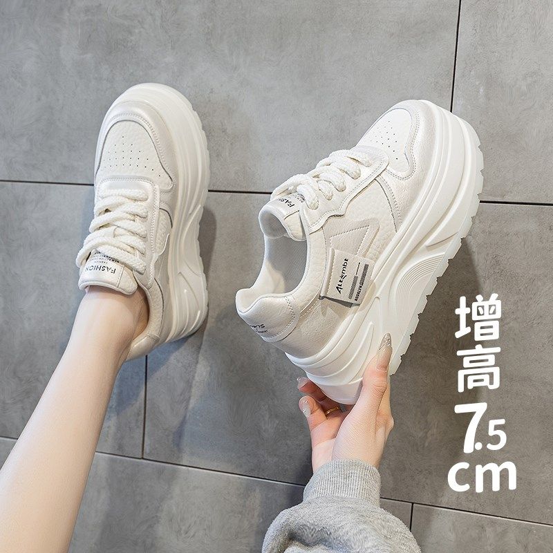 小个子真皮内增高小白鞋女松糕厚底系带低帮单鞋显瘦小码32 33 34