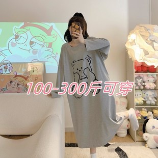 特大码300斤纯棉睡裙女春秋季胖MM200斤加肥宽松孕妇长袖睡衣裙女