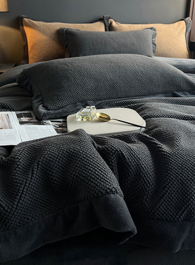 高端奢品侘寂f风冬季牛奶绒四件套加厚保暖双面绒床单灰色床上用