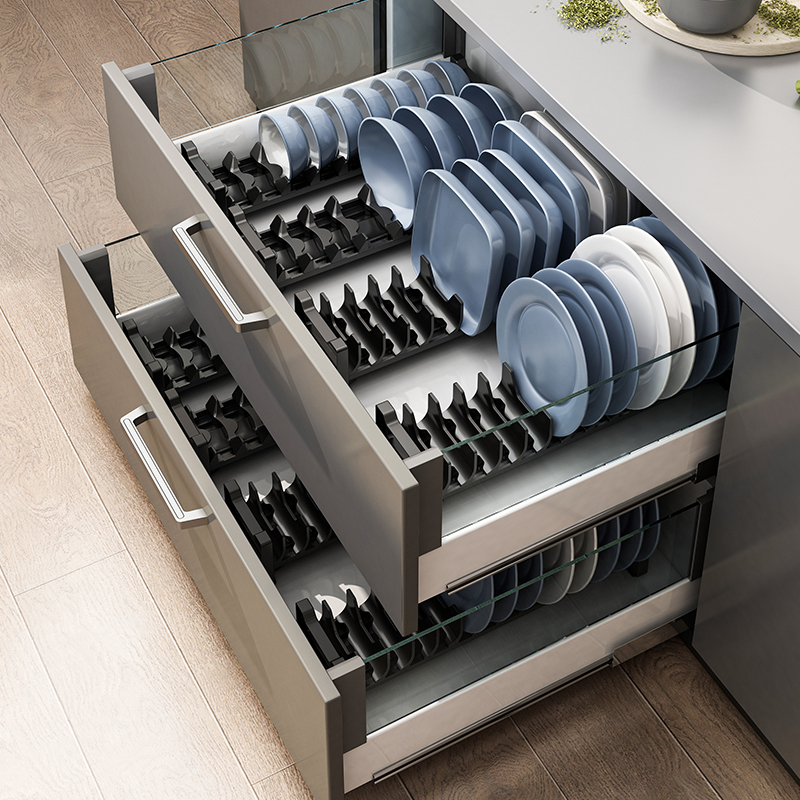 厨房柜内置碗架抽屉碗碟碗盘分隔盘子收纳架拉篮厨V柜内碗架置物
