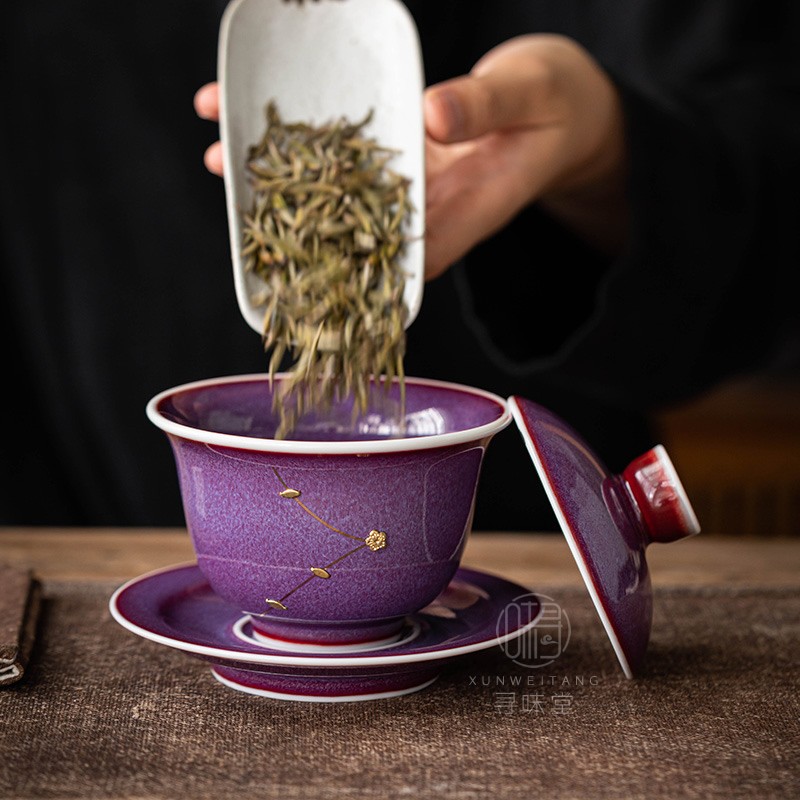 紫钧锔钉盖碗钧瓷碗锔瓷补丁复古钧窑R中式功夫茶具茶碗