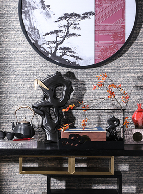 新中式茶几玄关摆件首饰品盒铁y艺托盘铁壶茶杯太湖石摆件软装搭