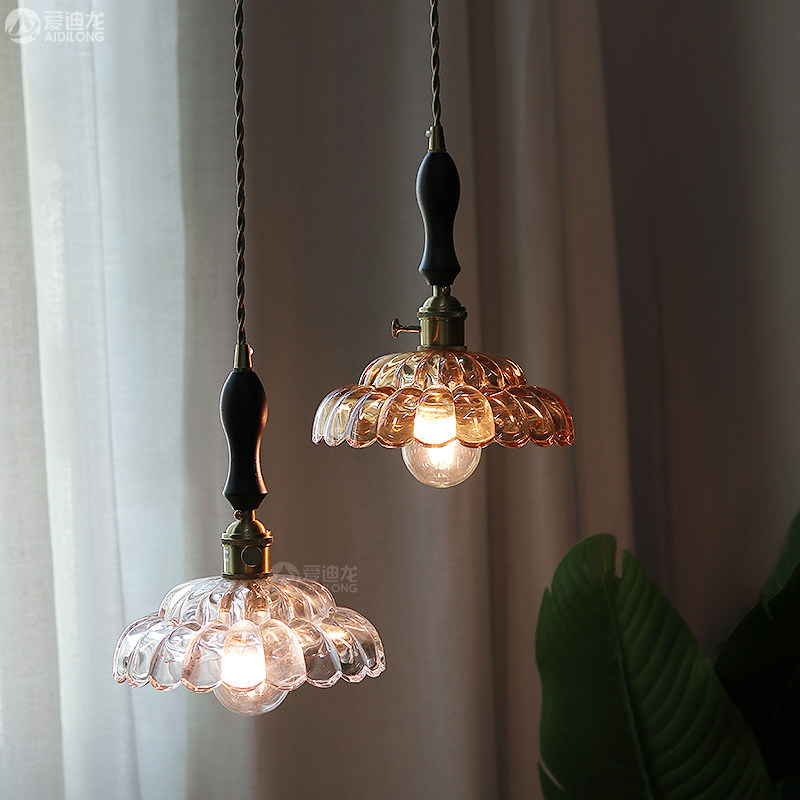 北欧纯铜色玻璃灯日式复古v简约个性餐厅吧台床头民宿店铺吊灯