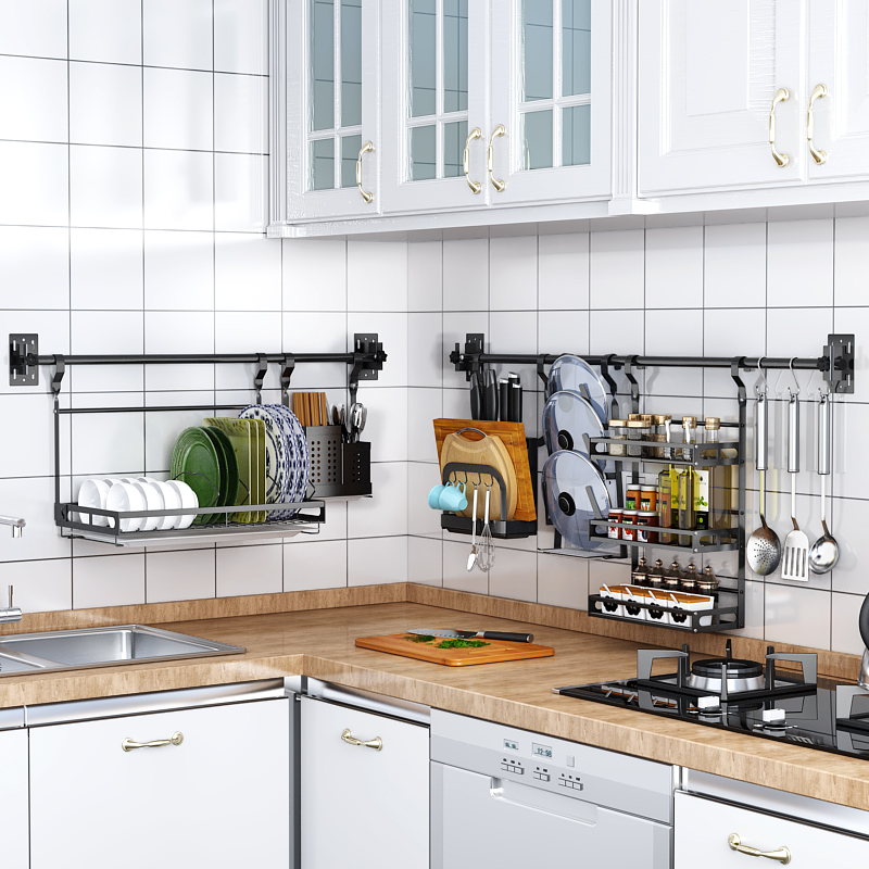 厨房收纳置物架壁挂式家用不锈钢挂件F免打孔黑色沥水碗碟架锅刀